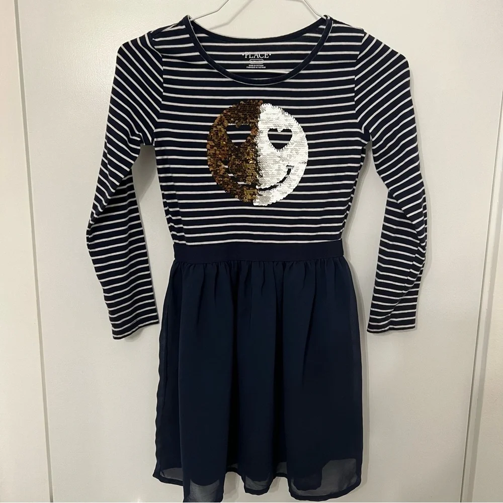 Girls Flip Sequin Dress Smiley Face Blue White Stripe The Childrens Place 7/8 M